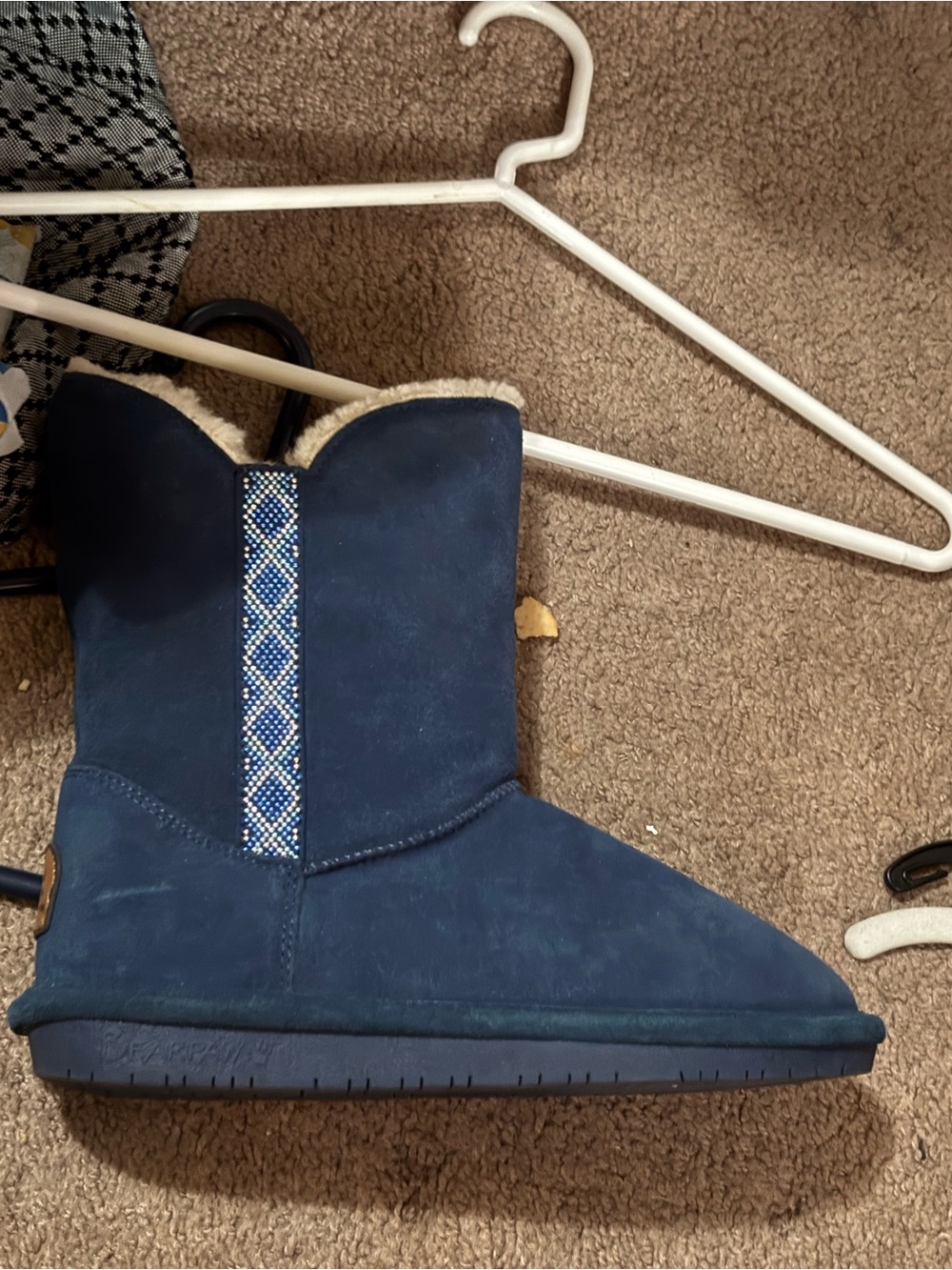 BearPaw Navy Suede Shearling Boot with Beaded Trim
